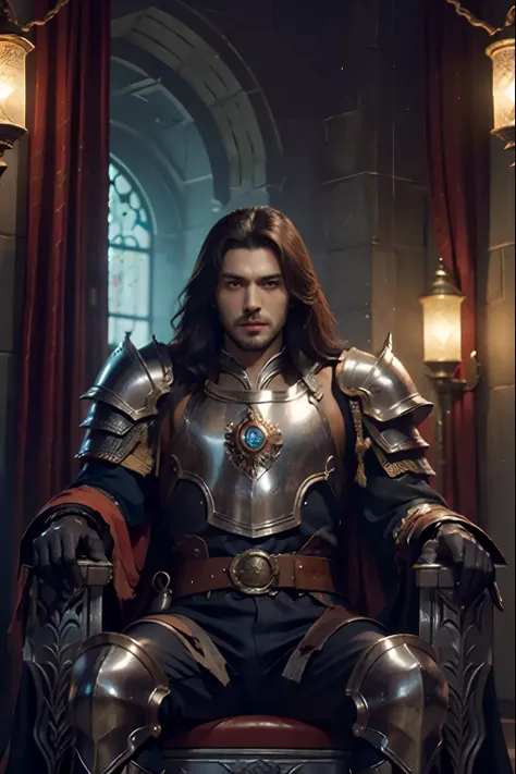 Castlevania Lord of the Shadows hyper realistic super detailed beautiful muscular Moroccan armor super realistic super detailed Armor glowing eyes sitting in his great Legendary throne