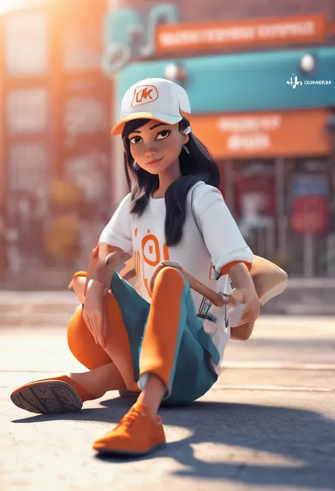 a uma mulher morena, bonita, orange shirt and cap with white K symbol, the white K symbol is the logo of the company where she works, do it in several different positions, with delivery truck behind her