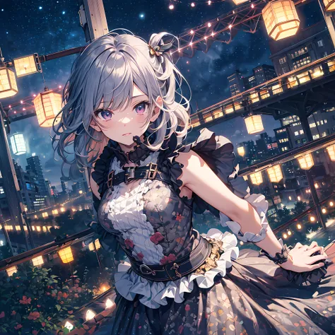 ultra detailed game CG, (High resolution:1.1),(absurderes:1.1), 1girl in, Little Girl, Solo, Simple Anime, nightcity, Overlooking the night view from a height