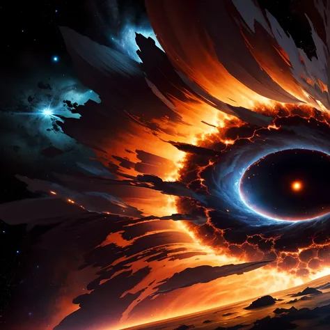 A closeup of a black hole in the sky with a star in the background, horizonte de eventos de buracos negros, is being drawn into a blackhole, abstract black hole in space, black hole with disс accretion, portal do tempo do buraco negro, dentro de um buraco ...