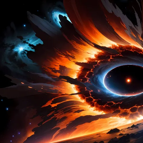 A closeup of a black hole in the sky with a star in the background, horizonte de eventos de buracos negros, is being drawn into a blackhole, abstract black hole in space, black hole with disс accretion, portal do tempo do buraco negro, dentro de um buraco ...