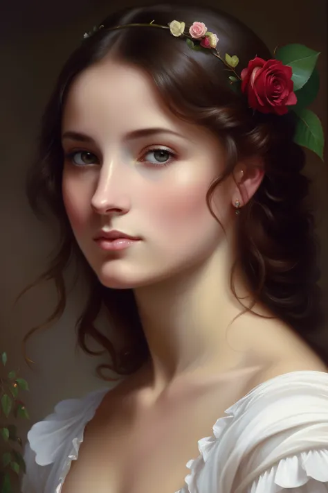 painting of a woman with a rose in her hair, romanticism portrait, beautiful character painting, artgerm and william bouguereau, by Roberto Ferri, oil painting of realistic woman, realistic spanish woman painting, adi granov, beautiful portrait oil paintin...