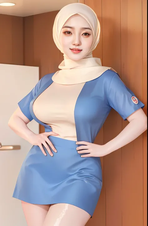 1girl,realistic nurse hijab koreangirl age 17,realistic face, gently smiling and happy detailed expresision,sexy,he tall,super big breast,(P cup),sexy hijab girl pose photos,realistic hijab girl sexy,wet nurse hijab,shirt and miniskirt uniform,full body we...