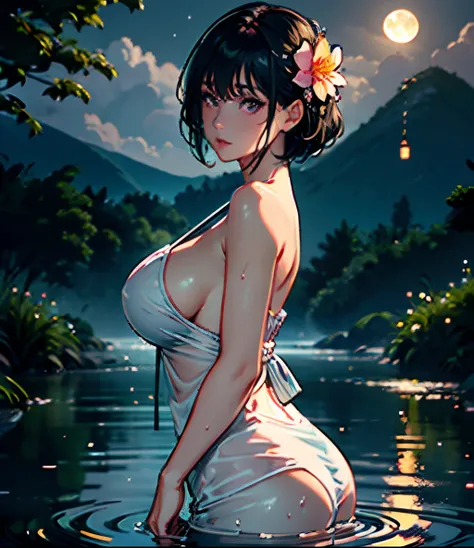 1girl, huge breasts, moon, lantern, night, solo, large breasts, hair ornament, wet, dress, wading, water, hair flower, flower, outdoors, sky, full moon, rain, short black hair, mountain, cloud, bare shoulders, paper lantern, standing, white kimono, night s...