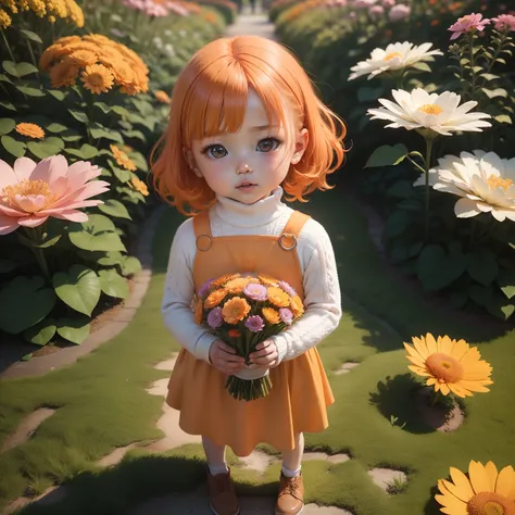 Cute Baby Chibi Anime,Orange soft sauvage hair,Knitted dress with white turtleneck,In both hands he holds a bouquet of cosmos flowers、is standing,Royal Zoological and Botanic Gardens in autumn.