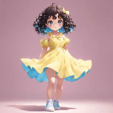 cute, disney, a baby girl, light skin, brown eyes, black curly hair, yellow pink and blue pastel color party dress, white sneakers, portrait, 3D rendering, high quality, ( plain background), (perfect hands), (full body), female, 8k