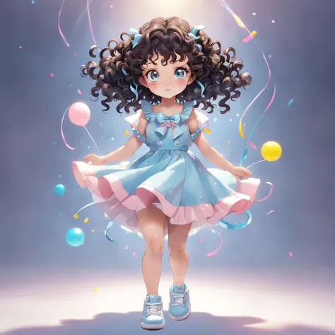 cute, disney, a baby girl, light skin, brown eyes, black curly hair, yellow pink and blue pastel color party dress, white sneakers, portrait, 3D rendering, high quality, ( plain background), (perfect hands), (full body), female, 8k