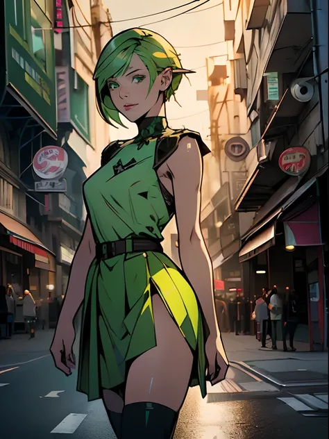 ((Best Quality)), ((Masterpiece)), ((Realistic)) 19 year old, redhead girl, shoulder length hair, relaxed happy face ((slender)) (busty), ((( light green fairy dress ))) (((tight skirt))) ((sexy )) cyberpunk attire, textured pixie haircut , 6 and a half he...