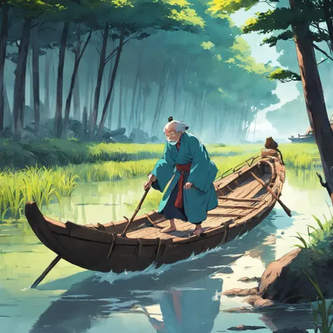 8K, best quality, masterpiece, anime style,panorama，from side,In ancient China,river，boat，an old man in a coir raincoat stood at boat, rowing with wood pulp.