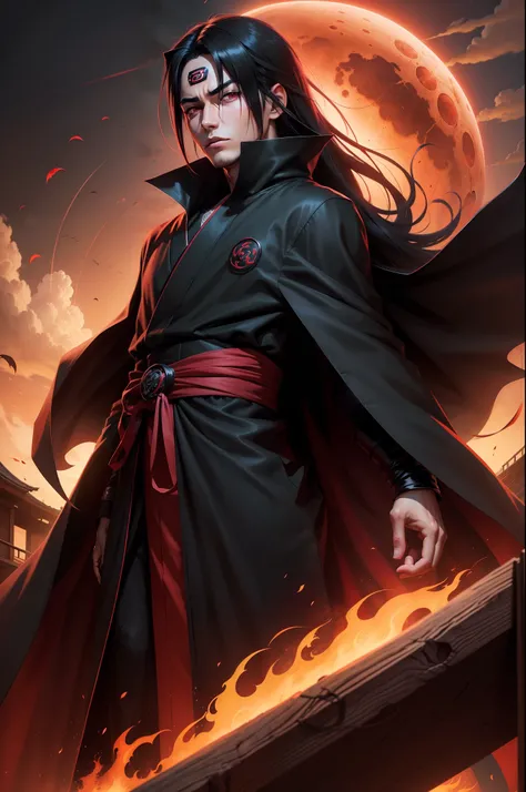 a young man covered in black cape or akatsuki robe from naruto, itachi uchiha, itachi, akatsuki akira, itatchi uchiha, epic digital art illustration, shinobi, naruto artstyle, no headband, red moon in the background, red theme, from naruto, long hair,