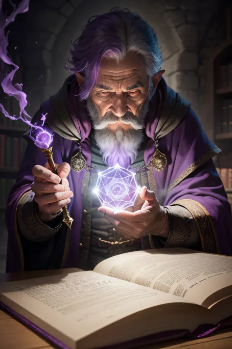 an old wizard doing spells, emphasis on its action, texturas ultra detalhadas, layers of textures faithful to reality, profesional lighting, detalhamento realista com tons de roxo e lilas