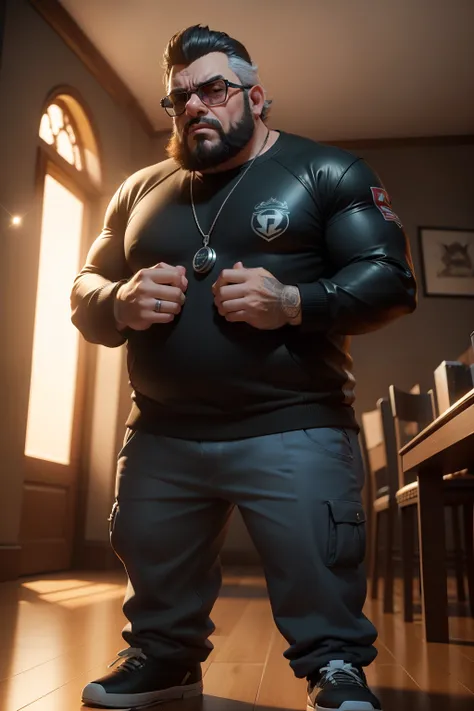 um velho gordo gangster listrado tomcat sentado em uma poltrona de couro, Renderização 3D vray, personagem pixar