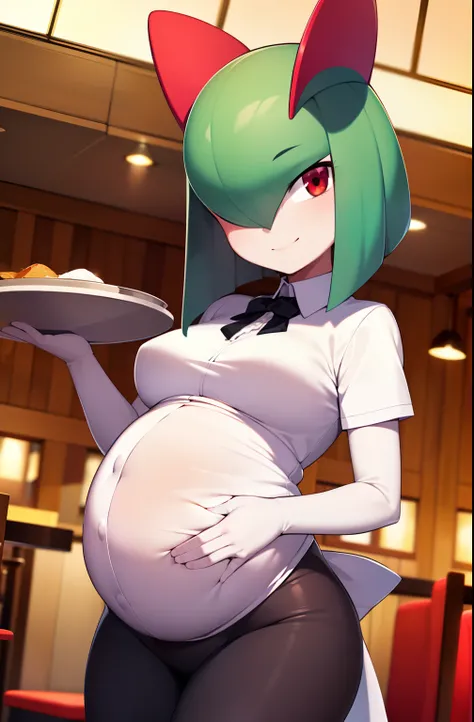 masterpiece, best quality, 1 girl, solo, kirlia, green hair, red eyes, female breasts, medium breasts, in a restaurant, smiling, maid uniform, black clothes, pregnant, carries a tray under her arm.