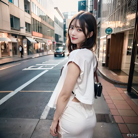 (Best Quality), masutepiece, (photographrealistic:1.4641), The 8k quality, 1 beautiful woman, (Full body:1.21), dark brown hair, Short hair, Brown eyes, front, Detailed face, Beautiful eyes, Looking at Viewer, Laugh, Cute clothes、walking on street, 22year ...