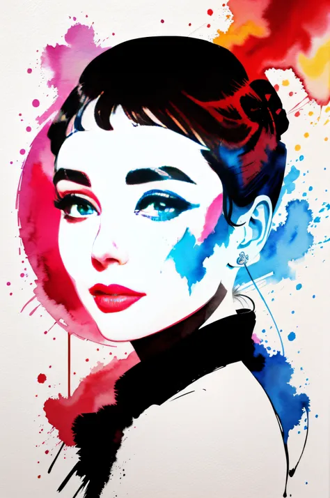 an abstract painting of an image featuring the face of audrey hepburn, in the style of spray painted realism, realistic watercolor paintings, 32k uhd, red, detailed character illustrations, indian pop culture, dignified poses