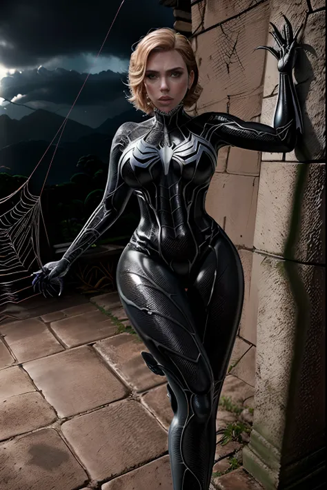 obra-prima, 8k, realista,  good ilumination, (((scarlett johansson garota de 28 anos, terno preto do homem aranha venom com aran...