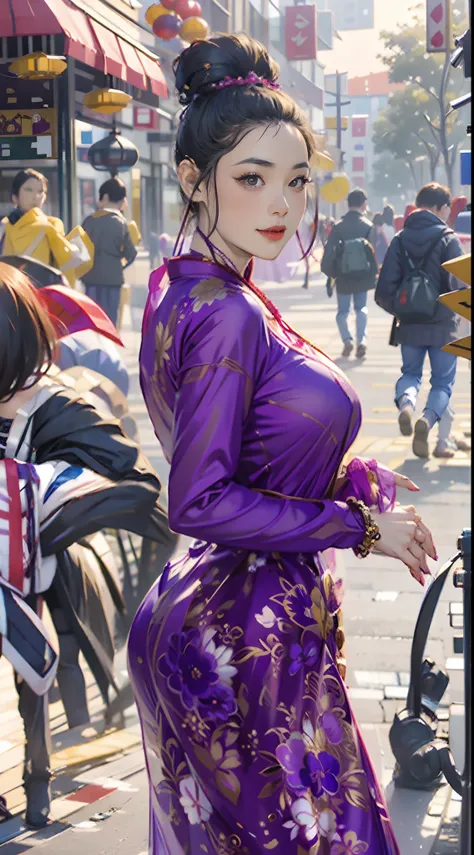 a woman in a purple dress posing for a picture, traditional beauty, in style of lam manh, mai anh tran, wearing an ornate outfit, jaw-dropping beauty, nivanh chanthara, gorgeous chinese model, draped in purple and gold silk, with beautiful exotic, gorgeous...