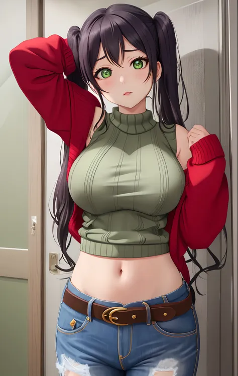 toujo nozomi, green eyes, twintails, sweater, sleeveless,midriff,(sexy navel),red moist navel,denim pants,belt, hips, llchar,big...