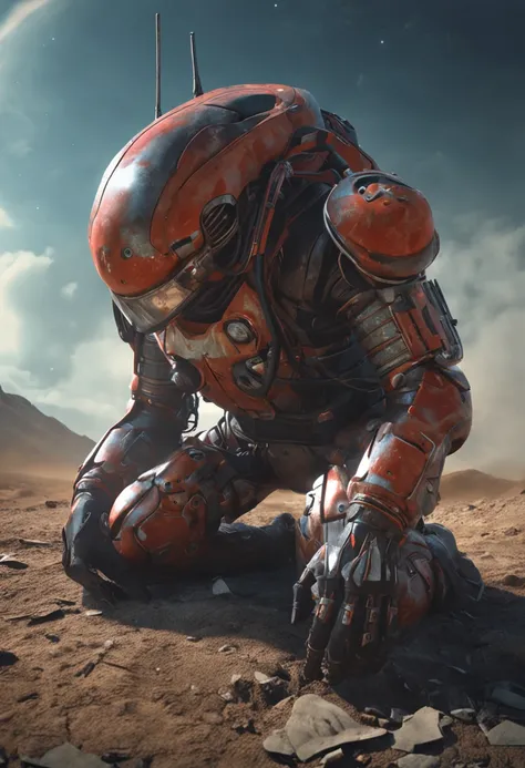 Directed by: Alejandro Burdisio, A low-angle shot of a hyper-realist, poderoso, Armored alien white-red-ochre, his cybernetic helmet glowing in the darkness of space, pernas musculosas, Hands - Claws ready to attack, contato visual, Enfrentou, muitos peque...