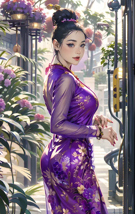 a woman in a purple dress posing for a picture, traditional beauty, in style of lam manh, mai anh tran, wearing an ornate outfit, jaw-dropping beauty, nivanh chanthara, gorgeous chinese model, draped in purple and gold silk, with beautiful exotic, gorgeous...