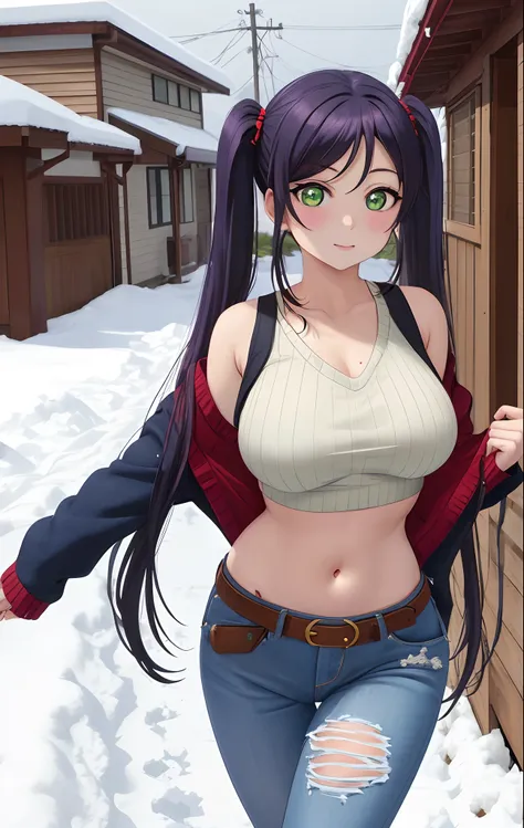 Toujo nozomi, green eyes, twintails, sweater, sleeveless,midriff,(sexy navel),red moist navel,denim pants,belt, hips, llchar,big breasts, outdoors, walking, breasts bouncing,snow