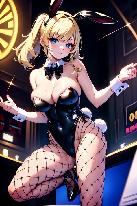 Transcendently Beautiful Girl, (masterpiece face, masterpiece eyes:1.1), (long Blonde Hair), BREAK, Flat_Chest, Huge_breasts, wide_lower back, Open your mouth and laugh smile, long eyelashes, makeup, BREAK, Bunny Girl, Rabbit ear, Rabbit tail, Enamel Leota...