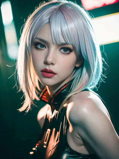 ((Masterpiece, high resolution:1.4), lucy_cyberpunk, (futuristic city at night, neon lights:1), (1girl), white short hair, bangs, ((red eyeliner)), ((makeup)), red lips, white off-shouler jacket, black bodysuit, bare shoulders, white shorts, hip vent, blac...