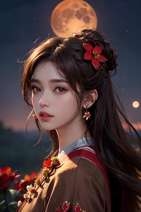 1girl, blurry, blurry_background, brown_eyes, brown_hair, depth_of_field, earrings, flower, full_moon, hair_flower, hair_ornament, lips, looking_at_viewer, moon, moonlight, night, night_sky, outdoors, red_flower, red_moon, sky, solo