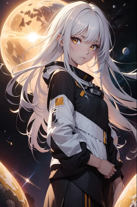 Absurd resolution, high resolution, (masterpiece: 1.4), super detail, a girl, very long straight hair, silver hair colorful, big yellow crystal eyes, seductive face, determined face, from above, space, flying in the space, no G, (flyting space girl), ISS s...