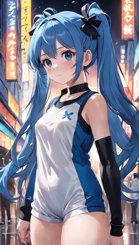 teens girl,Blue hair with double ponytail,Height 165,Black ribbon,White and blue tracksuits,Black leg dress