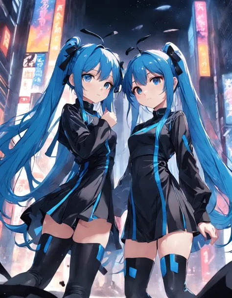 teens girl，Blue hair with double ponytail，Height 165，Black ribbon，White and blue futuristic style outfits，black long sleeves，Black leg dress，blacksilk。