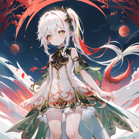 Nahida_Genshin,(White and red gradient hair),cross-shaped pupils,default_dress,Green cape,simplebackground，Blood Moon，Breath of death，Cold and powerful divinity，A sense of majesty,starrysky，ssmile，Blue tones，Red style，blood