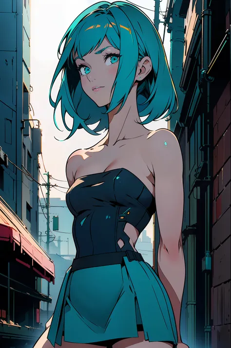 ((Best Quality)), ((Masterpiece)), ((Realistic)) 19 year old, redhead girl, shoulder length hair, relaxed happy face ((slender)) (busty), ((( dark turquoise bodycon strapless dress ))) ((( mini skirt ))) ((sexy )) cyberpunk attire, textured pixie haircut ,...