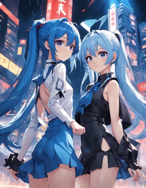 teens girl，Blue hair with double ponytail，Height 165，White and blue futuristic style outfits，a blue tie，Black sleeves，Black leg dress，blacksilk，Left arm"01"Red Peugeot。