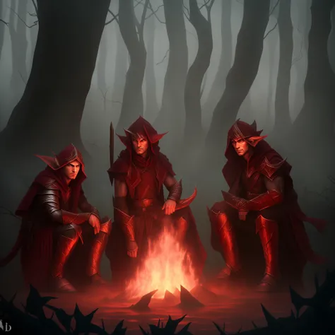 3 elfos em volta de um fogueira na floresta,The trees are thick and the place looks damp,the sky is gray and the three elves have red leather armor