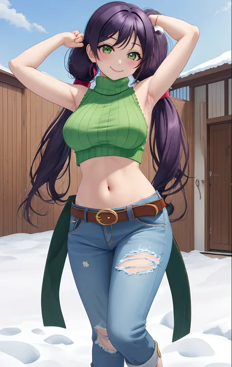 toujo nozomi, green eyes, low twintails, sweater, sleeveless,midriff,(sexy navel),red moist navel,denim pants,belt, hips, llchar...