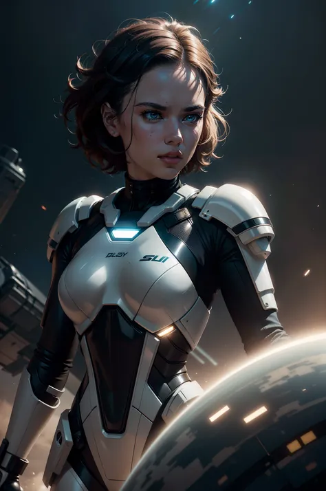 a close up action of epic Sci fi hot Daisy Ridley in a sci fi tech suit clothes cabelos longos brancos, Detailed clothing details, Liquid effect, space, heavenly body, Interstellar battlefield photography, natural light, photorealism, cinematic rendering, ...