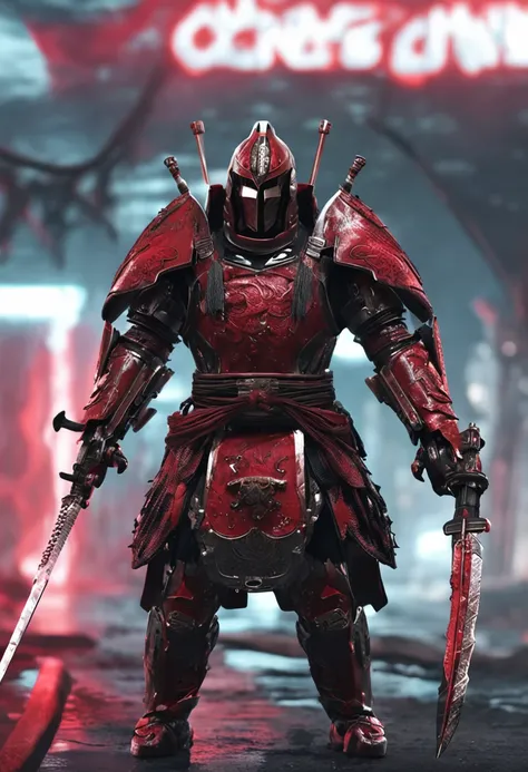 samurai com roupa escura, componentes de robo, com uma espada brilhando vermelho, de frente, fundo escuro, realista,