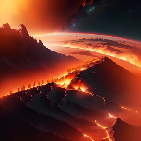 A closeup of a mountain with a trail of fire in the sky, the planet is warm with canyons, Correntes vermelhas brilhantes de lava, estrada gelada em um planeta de lava, Amazing alien landscape, stunning alien landscape, paisagem de fantasia impressionante, ...