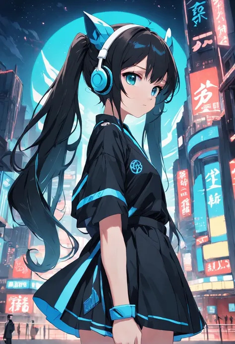 teens girl，Black headphone headband，Pale green double ponytail，Height 165，White and blue futuristic style outfits，a blue tie，Black sleeves，Black leg dress，blacksilk，Left arm"01"Red logo tattoo