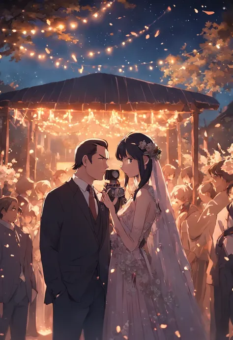 "A captivating midnight backyard photoshoot of a married couple amidst a beautifully adorned wedding party, featuring hyperrealistic details and the vintage charm of a Nixon camera."