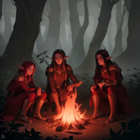 3 elfos em volta de um fogueira na floresta,The trees are thick and the place looks damp,The sky is gray and the three elves have red leather armor