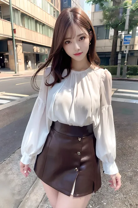 (Best Quality), masutepiece, (photographrealistic:1.4641), The 8k quality, 1 beautiful woman, (Full body:1.21), dark brown hair, Short hair, front, Detailed face, Beautiful eyes, Looking at Viewer, Laugh, light-colored blouse、Beautiful skirt、walking on str...