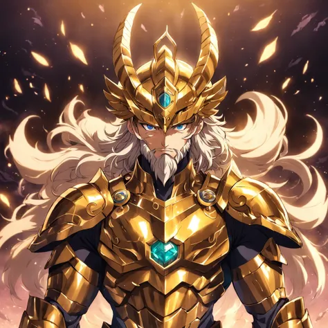 a man with a beard and Aries Golden Armor, estilo do anime Saint Seiya