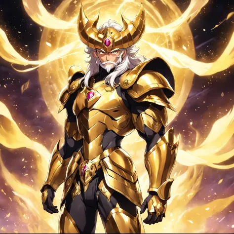 a man with a beard and Aries Golden Armor, estilo do anime Saint Seiya