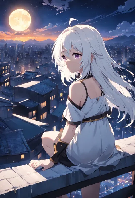 the night, Girl on the roof, white colored hair, golden eyes, reverie, The city in the background, the anime