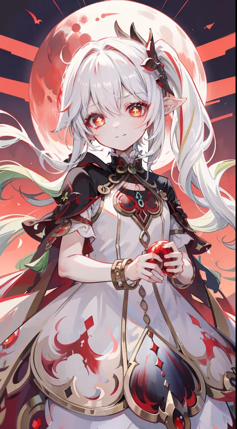 Nahida_Genshin,(White and red gradient hair),Cross pupil,default_dress,Blood red cloak,simplebackground，Blood Moon，Breath of death，Cold and powerful divinity，A sense of majesty,starrysky，demonic smile，Blue tones，Red decorative pattern，red style，Blood