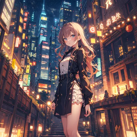 ultra detailed game CG, (High resolution:1.1),(absurderes:1.1), 1girl in, Little Girl, Solo, Simple Anime, nightcity, Overlooking the night view from a height