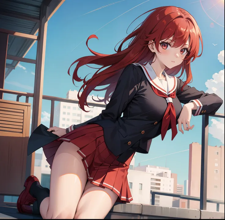 Anime girl, school uniform, red hair, sexy, full body shot, rooftop balcony