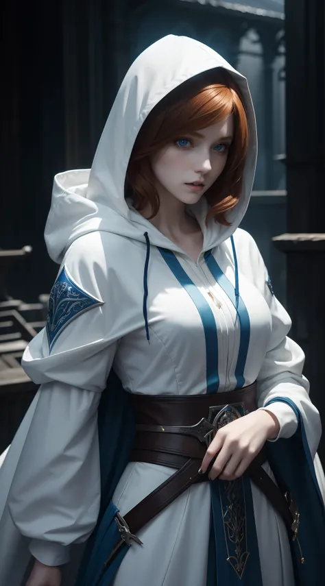 a beautiful 20 years old female vampire hunter with short straight ginger hair, pale skin, cheerful looking, wearing a white and blue hooded assassin outfit, waist up shot, dynamic pose, ambient lighting, photo realism, intricate face detail, intricate han...